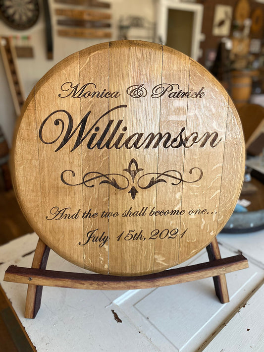 Custom Engraved Barrel Head Sign with Easel | Wine or Whiskey Barrel Top