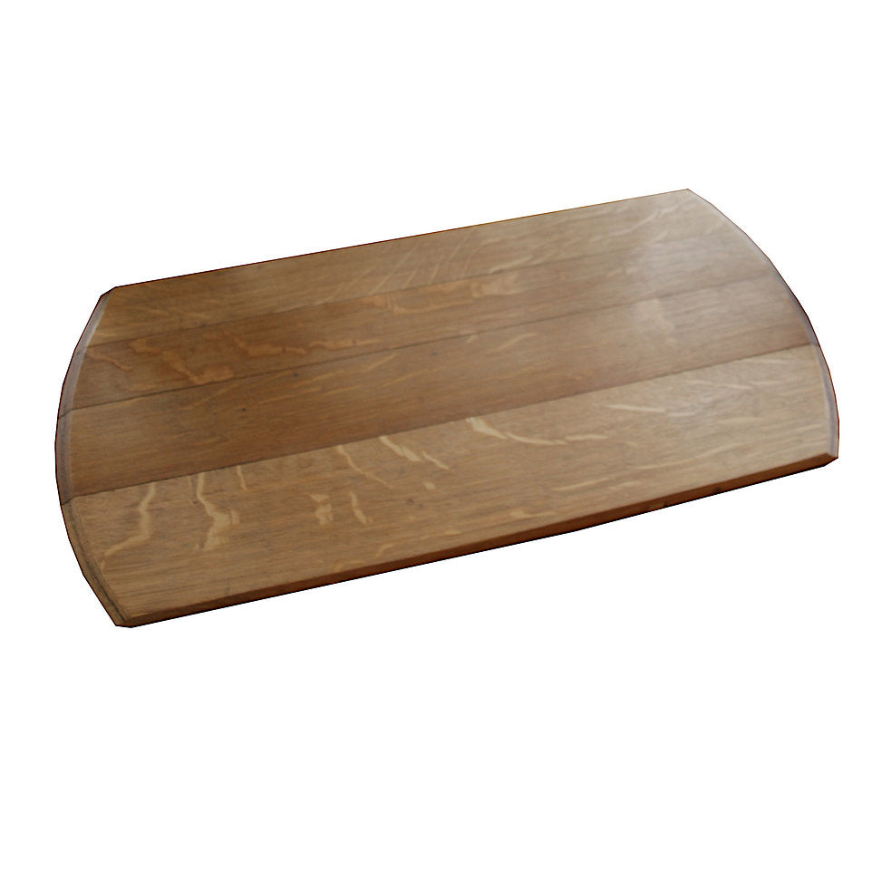 A wooden charcuterie board with a natural grain pattern and curved edges.