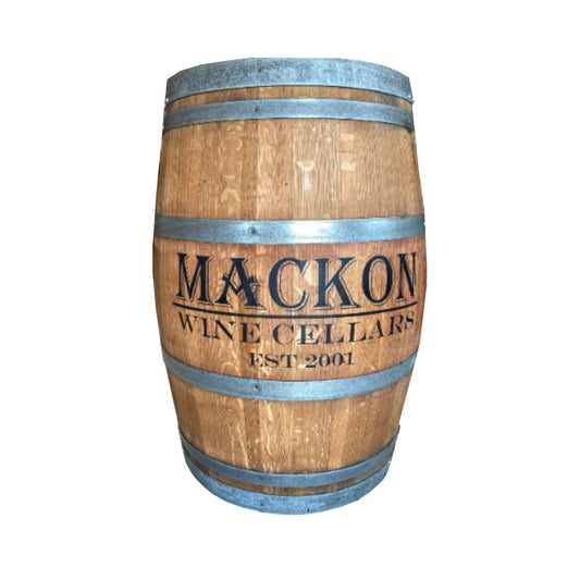 Full front view of personalized wine barrel with custom laser engraving on natural stained oak with galvanized metal hoops on white background rustic home bar display