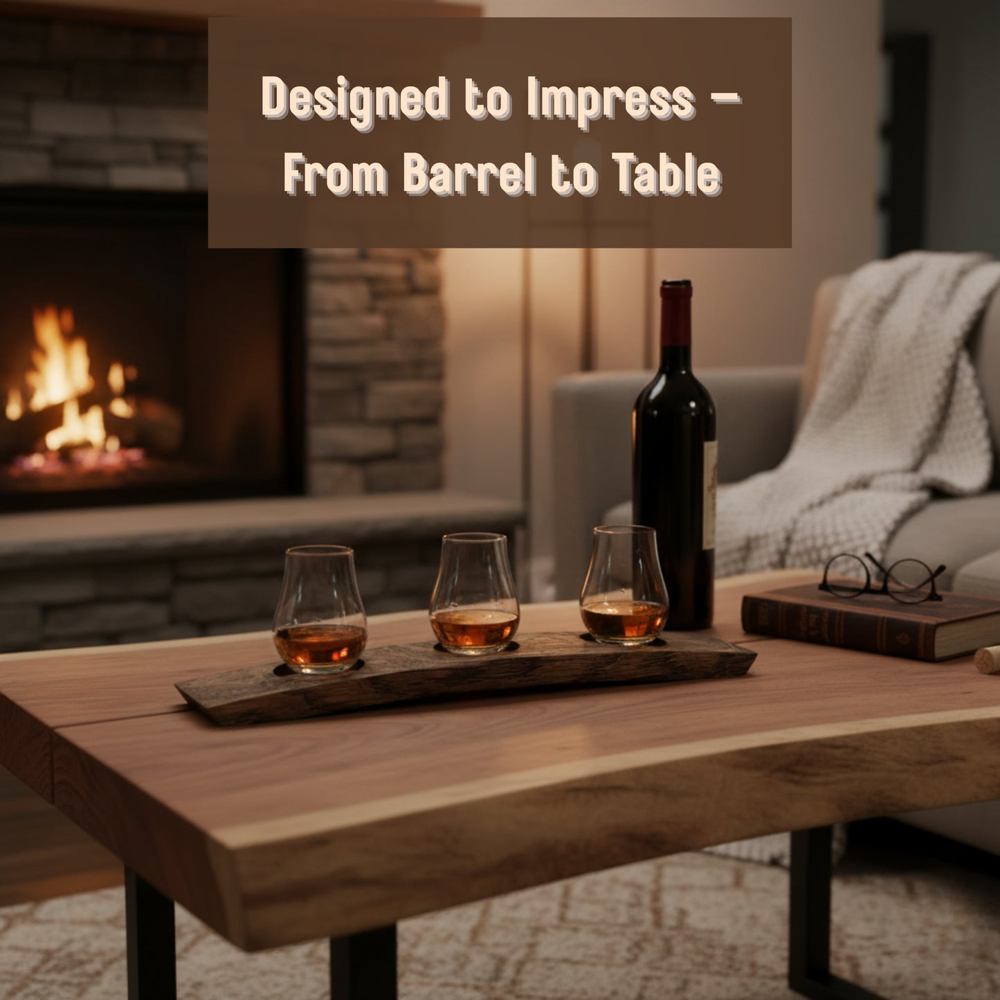 Wine bottle and glasses on a wooden tray with fireplace and sofa in the background