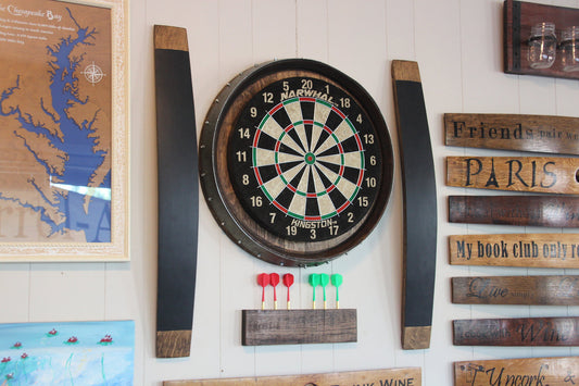 Barrel Head Dart Board Set | Rustic Whiskey or Wine Barrel Lid Dartboard