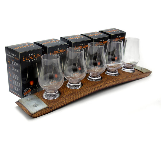 Premium 5-Glass Whiskey Flight – Barrel Stave Tasting Board for Glencairn Glasses