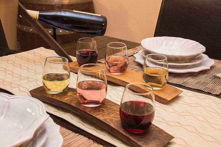 Wine Flight with 3 Stemless Glasses – Red Wine Barrel Stave Tasting Board