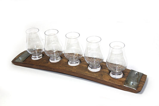 Premium 5-Glass Whiskey Flight – Barrel Stave Tasting Board for Glencairn Glasses