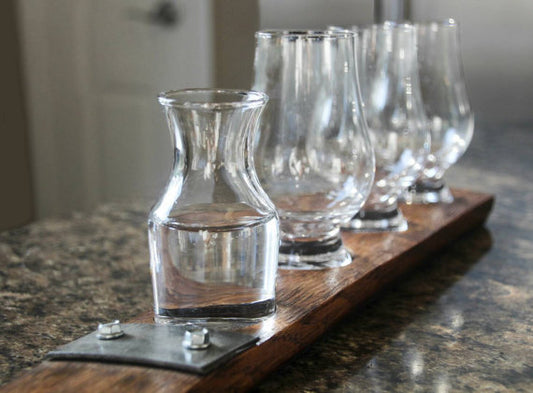 Whiskey Flight with Water Carafe – 3 Glencairn Crystal Glasses on Whiskey Barrel Stave