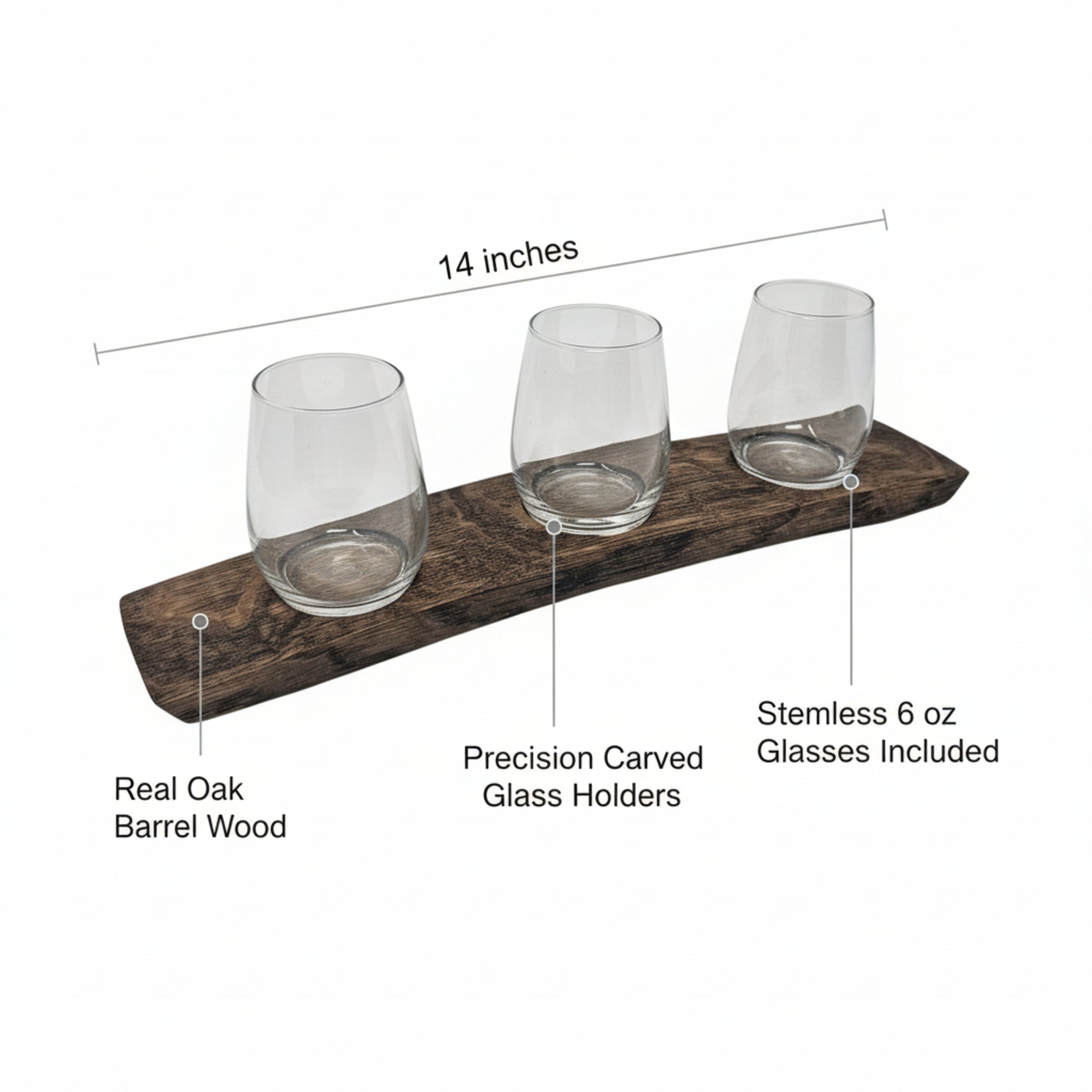 Wooden drink tray with three glass holders, labeled with dimensions and material details.