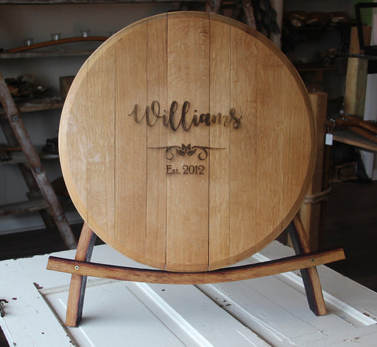 Custom Engraved Barrel Head Sign with Easel | Wine or Whiskey Barrel Top