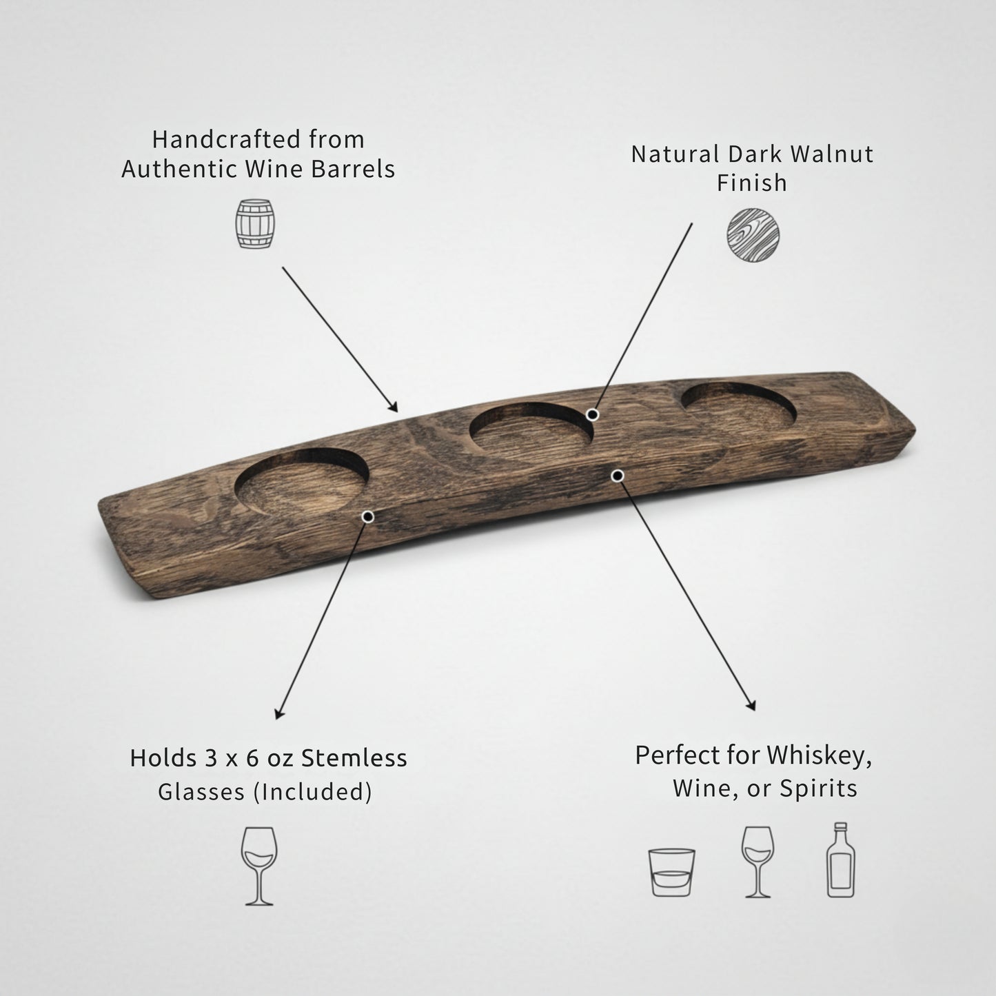 Wooden drink tasting tray with features highlighted on a white background