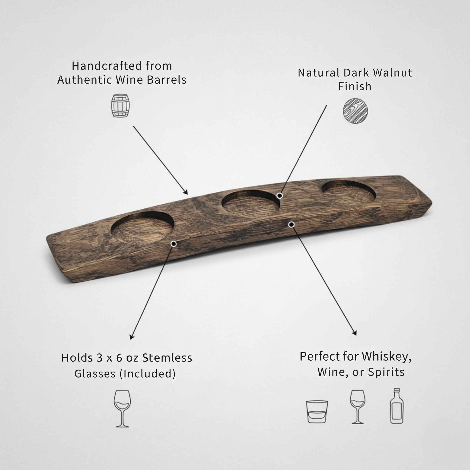 Wooden drink tasting tray with features highlighted on a white background