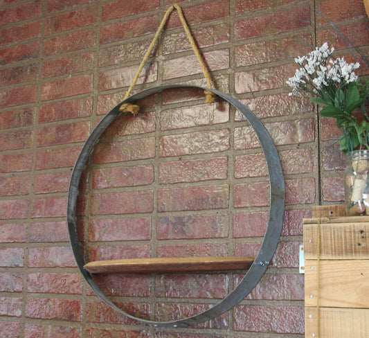 Barrel Hoop Hanging Wall Shelf – Rustic Wine Barrel Rope Shelf
