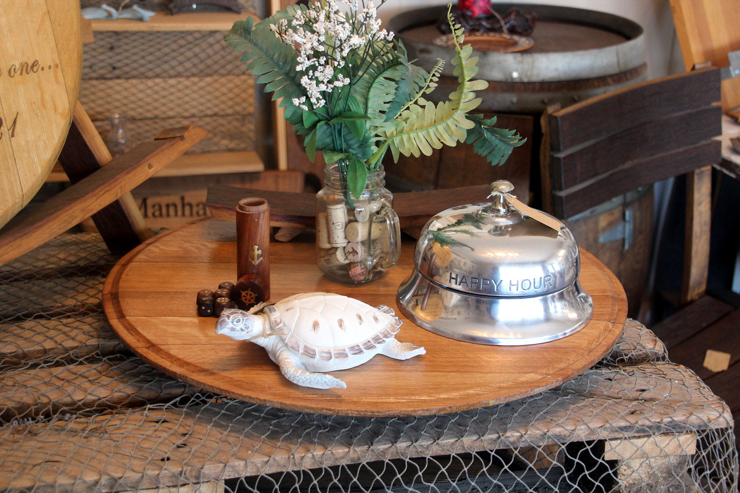 Wine Barrel Lazy Susan – Reclaimed Lid Turntable | Rustic Dining Table Decor