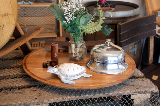 Wine Barrel Lazy Susan – Reclaimed Lid Turntable | Rustic Dining Table Decor