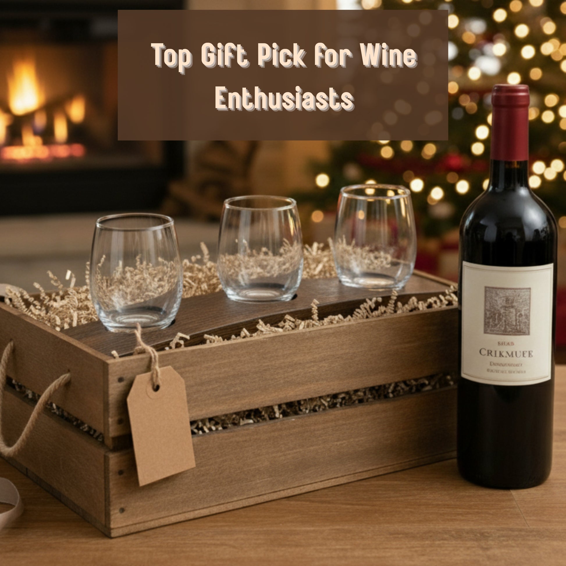 Wine bottle and glasses in a wooden crate with 'Top Gift Pick For Wine Enthusiasts' text overlay.