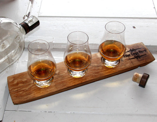 Engraved Whiskey Flight – 3-Glass Personalized Bourbon Tasting Tray with Optional Glencairn Glasses