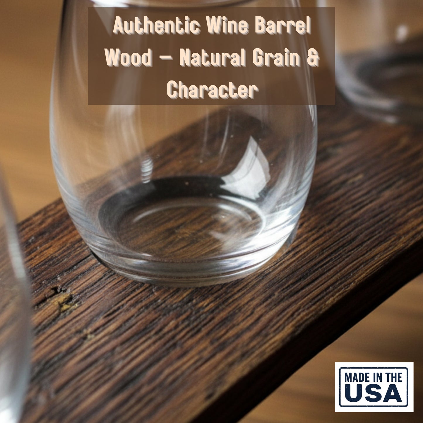 Clear glass on a wooden surface with text about wine barrel wood and 'Made in the USA' label.