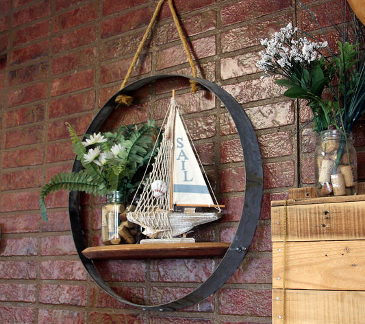 Barrel Hoop Hanging Wall Shelf – Rustic Wine Barrel Rope Shelf