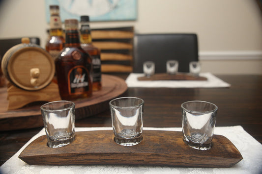 3-Glass Bourbon Flight – Whiskey Barrel Stave Tasting Tray with 2oz Glasses