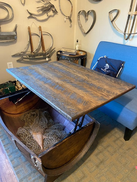 Wine/ Whiskey Barrel Coffee Table with Lifting Top
