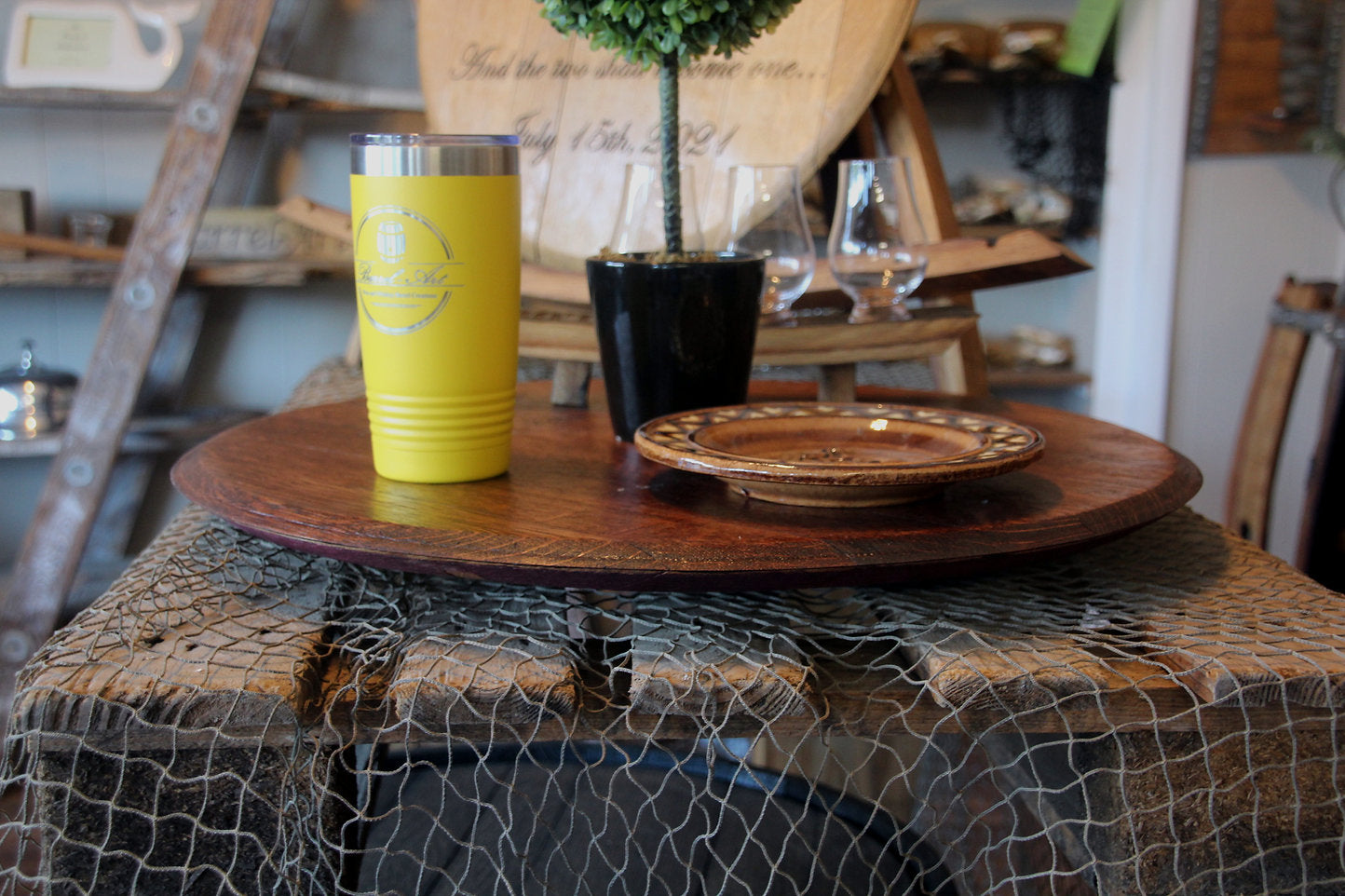 Wine Barrel Lazy Susan – Reclaimed Lid Turntable | Rustic Dining Table Decor