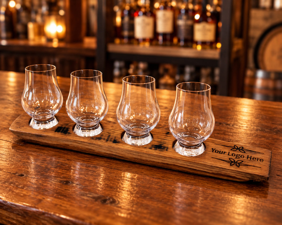 Personalized four-glass whiskey flight on a bar counter.