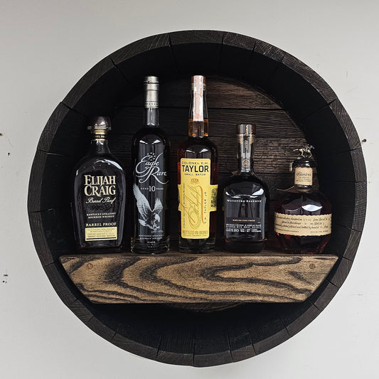 Whiskey Barrel Wall Shelf – Custom Engraved Bourbon Barrel Head Shelf