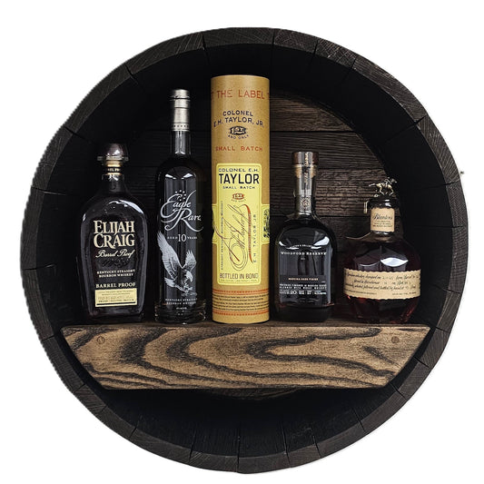 Whiskey Barrel Wall Shelf – Custom Engraved Bourbon Barrel Head Shelf
