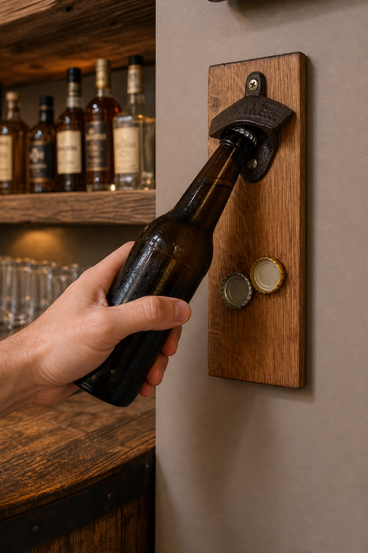 Wall-mounted barrel wood bottle opener with magnetic cap catcher being used in a warm home bar with bottles and glassware in the background