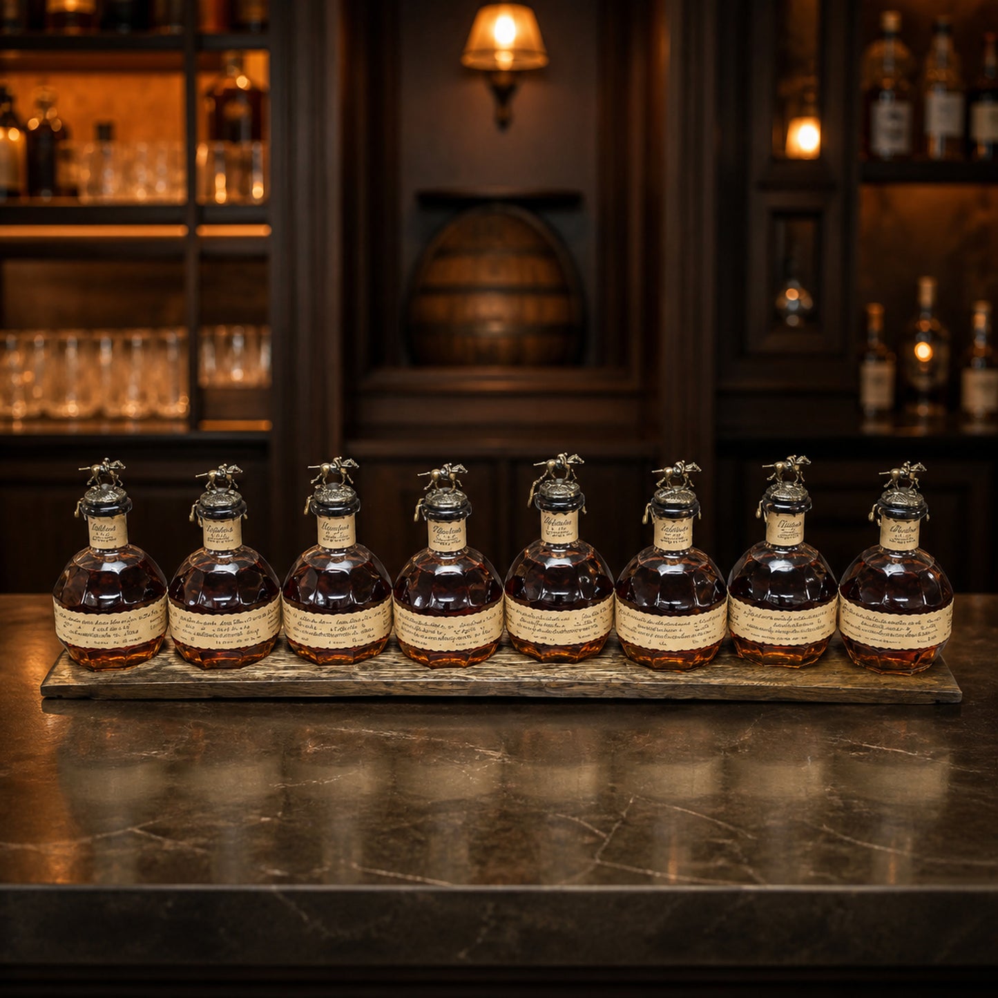 Dark walnut barrel stave display holding eight bourbon bottles in a home bar; bottles not included.