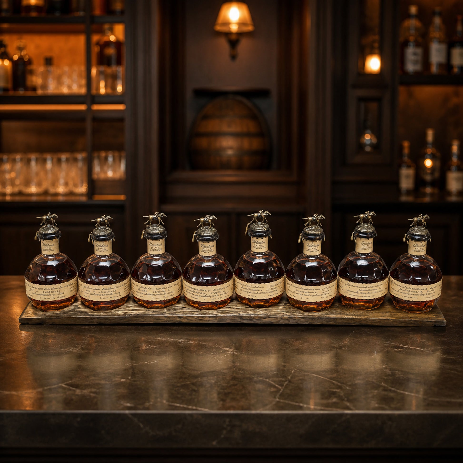 Dark walnut barrel stave display holding eight bourbon bottles in a home bar; bottles not included.