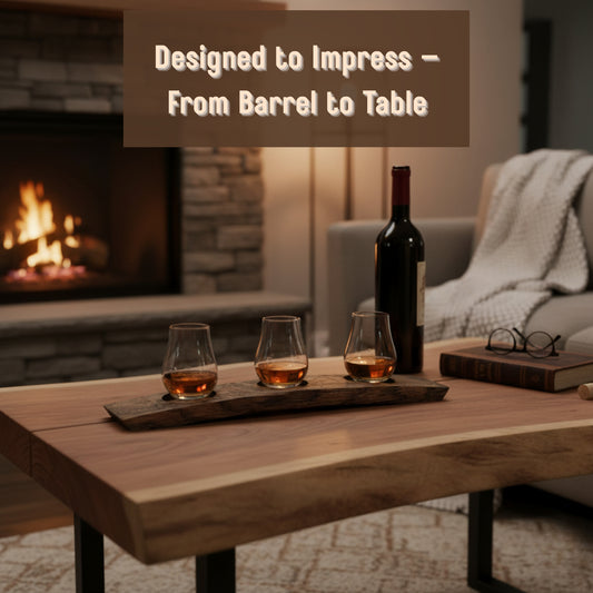 Wine bottle and glasses on a wooden tray with fireplace and sofa in the background
