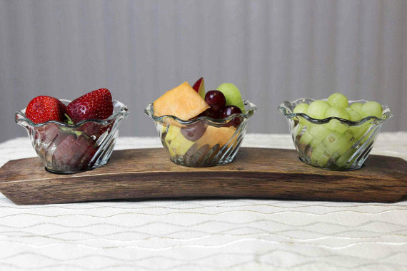 Wine Barrel Dessert Flight – 3-Bowl Barrel Stave Dip & Snack Server with Glass Bowls
