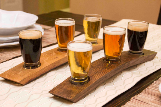 Beer Flight with 3 Glasses – Barrel Stave Tasting Tray for Home Bar or Brewery