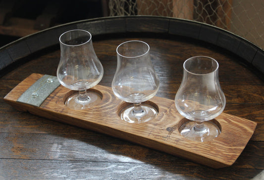 Whiskey Nosing Glass Flight | 3-Glass Barrel Stave Tasting Board