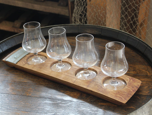 Whiskey Nosing Glass Flight | 4-Glass Barrel Stave Tasting Board