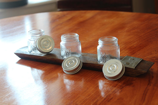 Moonshine Shot Flight – Barrel Stave Mason Jar Tray with 3 Glasses