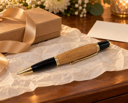 24K Gold Wall Street Executive Pen – Whiskey Barrel Wood Luxury Writing Instrument in retirement gift presentation.