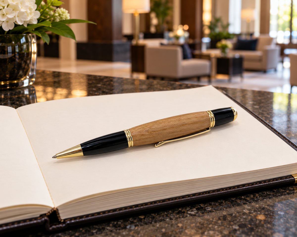 24K Gold Wall Street Executive Pen – Whiskey Barrel Wood Luxury Writing Instrument in a hotel reception writing counter in soft morning daylight. the pen lies on an o.