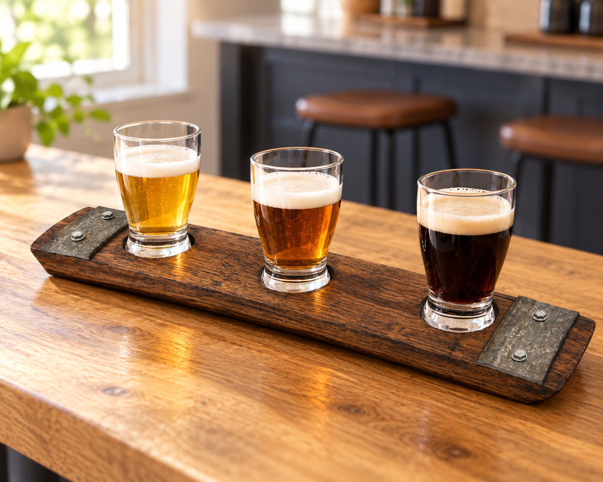 3-Glass Premium Beer Flight – Reclaimed Barrel Stave in home bar tasting.