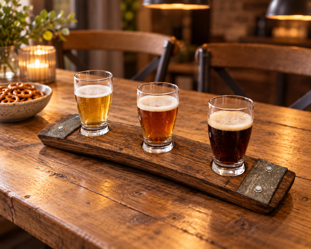 3-Glass Premium Beer Flight – Reclaimed Barrel Stave in beer-club gathering.