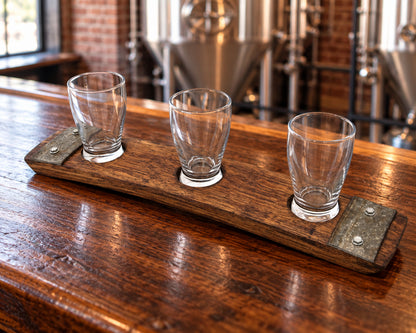 3-Glass Premium Beer Flight – Reclaimed Barrel Stave in independent brewery tasting-room counter.