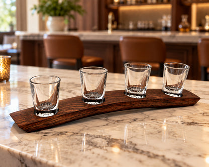 Deluxe Whiskey Flight – 4-Glass Reclaimed Barrel Stave Tray in home bar ready to serve.