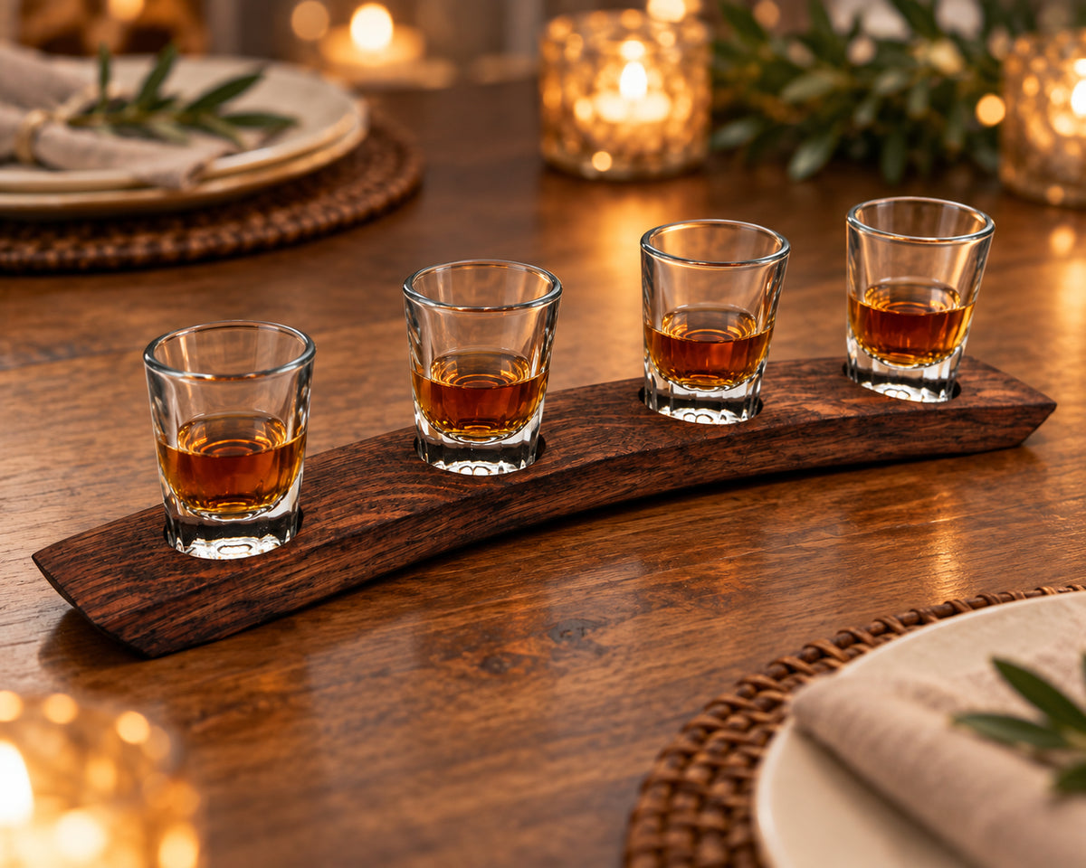 Deluxe Whiskey Flight – 4-Glass Reclaimed Barrel Stave Tray in dinner party spirit sampler.
