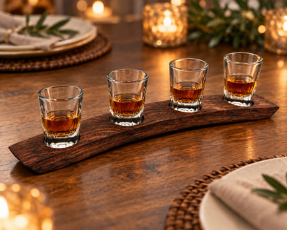 Deluxe Whiskey Flight – 4-Glass Reclaimed Barrel Stave Tray in dinner party spirit sampler.
