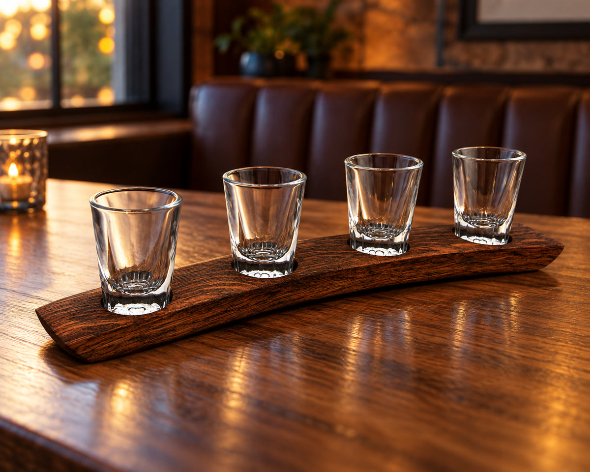 Deluxe Whiskey Flight – 4-Glass Reclaimed Barrel Stave Tray in restaurant tasting service.
