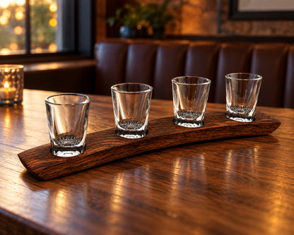 Deluxe Whiskey Flight – 4-Glass Reclaimed Barrel Stave Tray in restaurant tasting service.