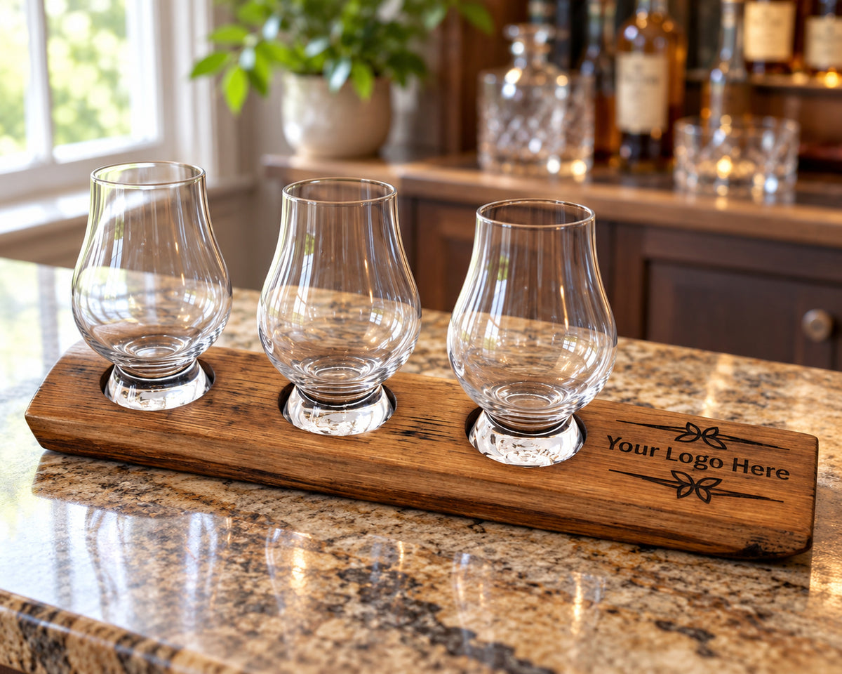 Three-glass whiskey flight with engraved handle on a sunny kitchen counter.