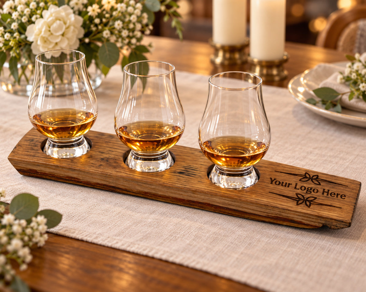 Three-glass whiskey flight with engraved handle at a candlelit dinner.