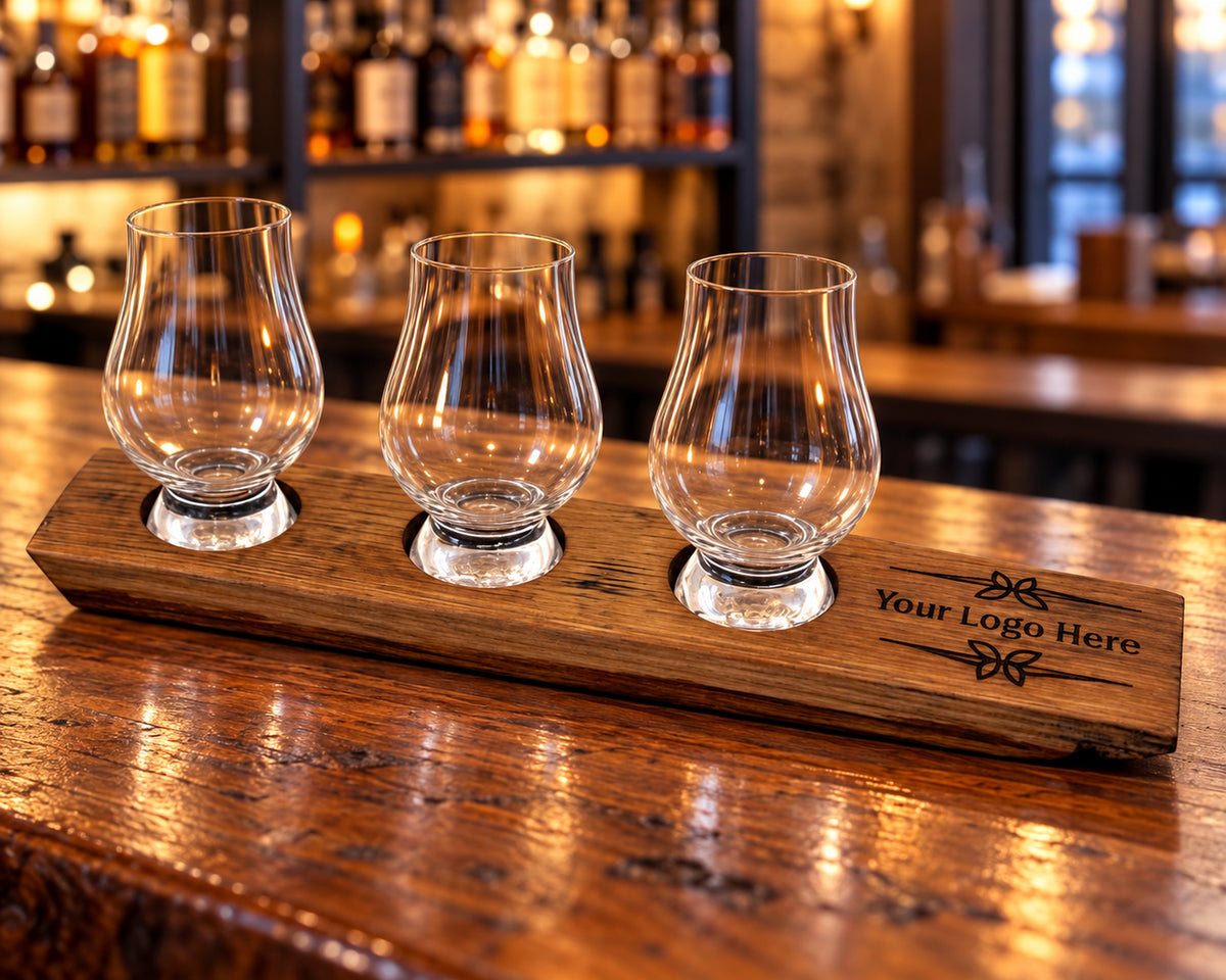 Three-glass whiskey flight with engraved handle on a bar counter.