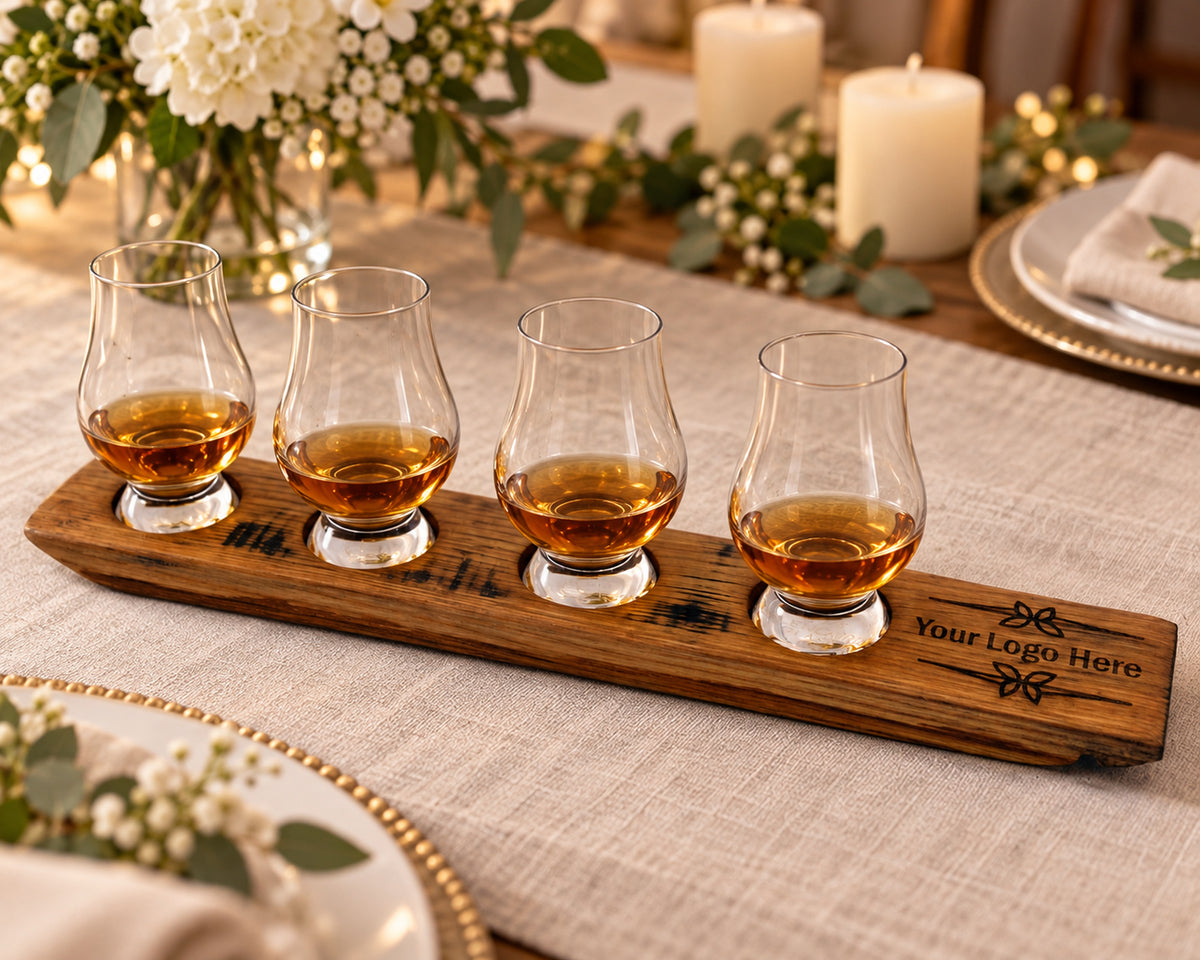 Personalized whiskey flight with four glasses at a candlelit dinner.