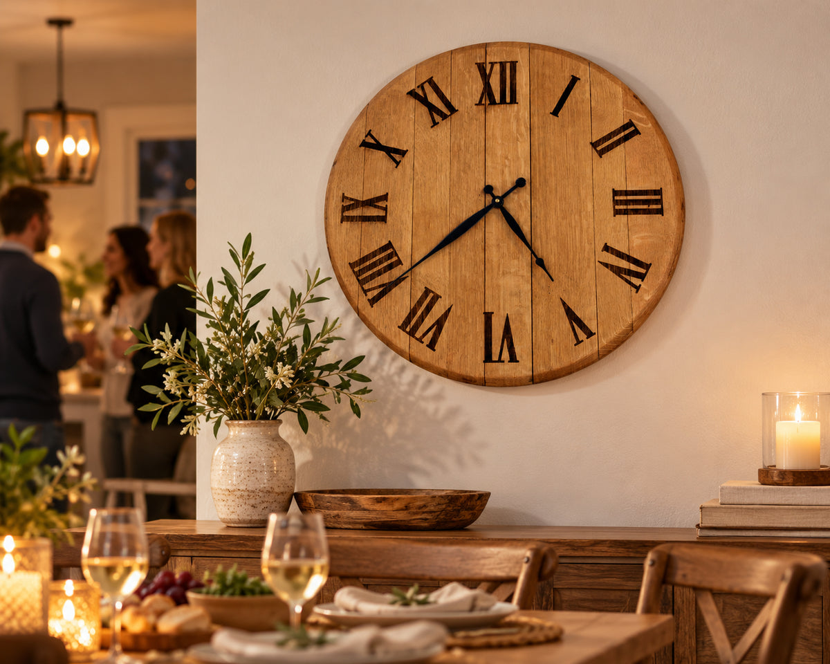 Barrel head wall clock mounted in a dining room for a housewarming setting